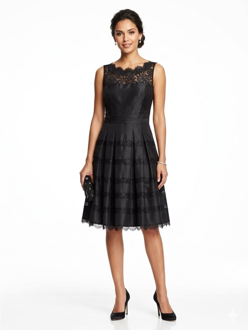 White House Black Market Black Lace-Trim Fit & Flare Midi Dress